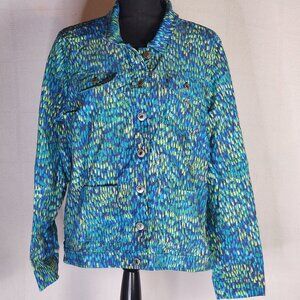 Attyre New York Blue Green Yellow Abstract Rayon Nylon Span Adj Waist Jacket XL